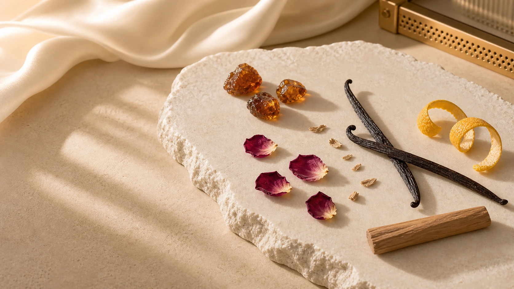 La Saani fragrance notes arranged on a pearl stone surface