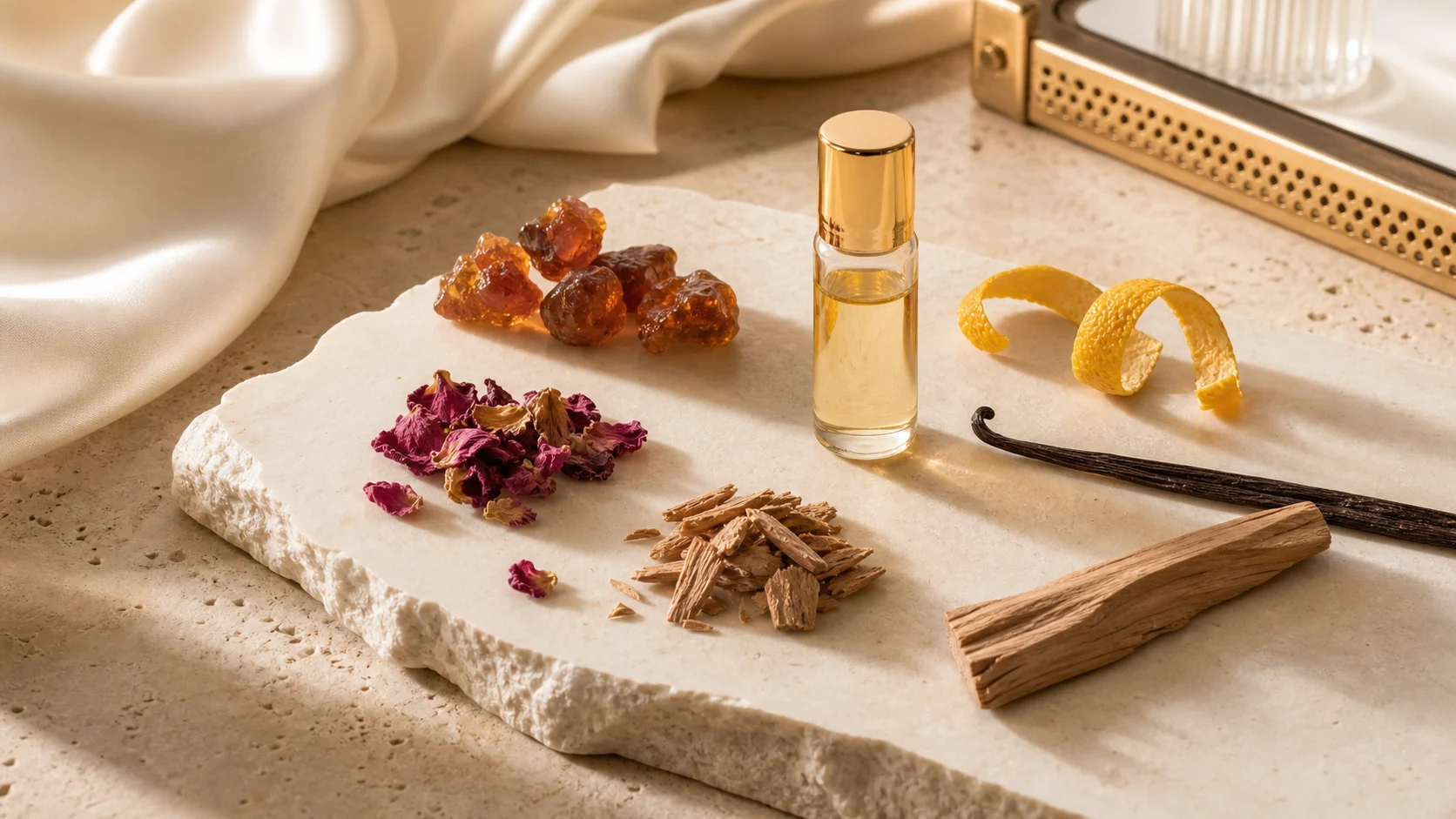 Amber, rose, citrus, vanilla, and sandalwood on warm stone